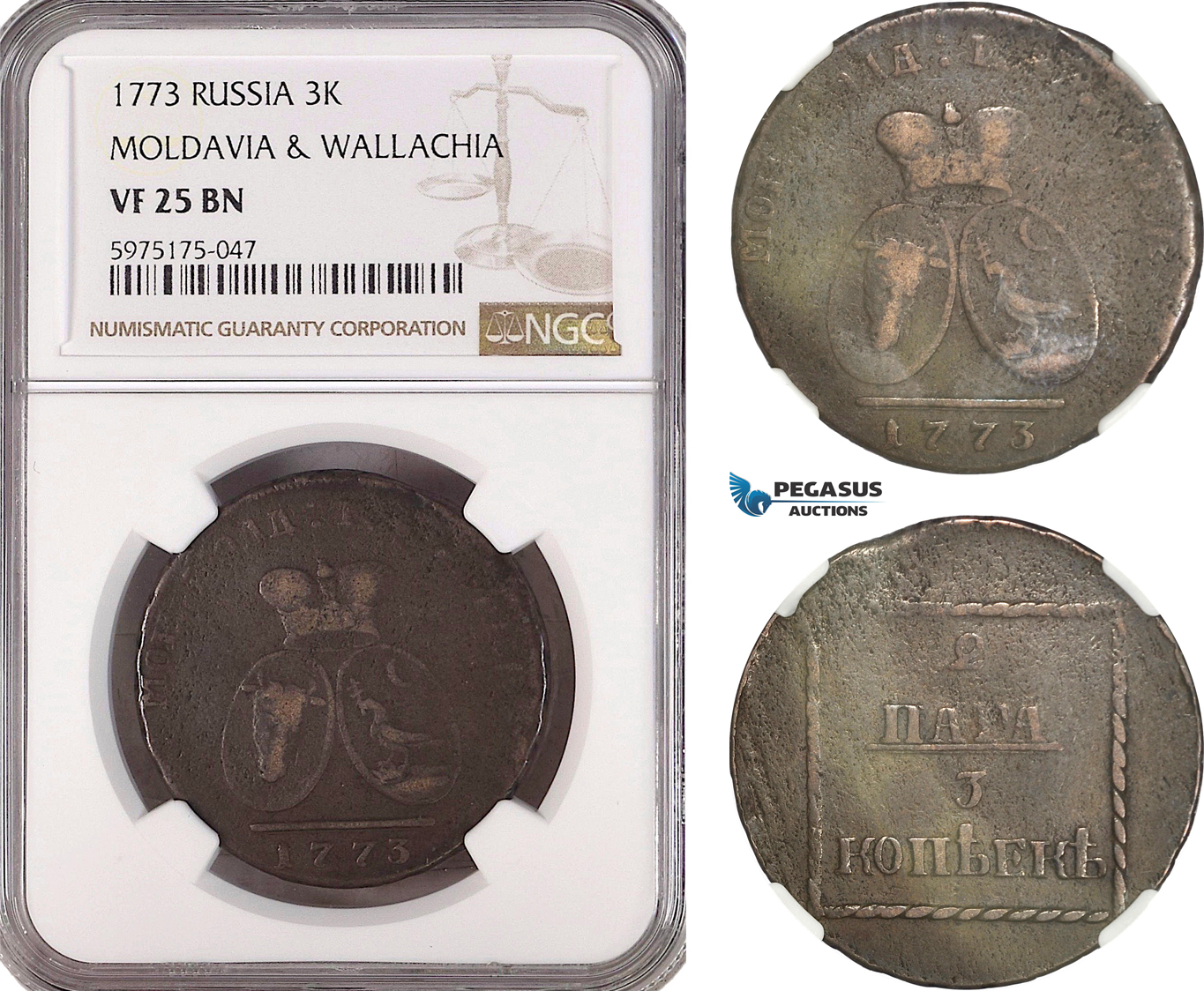 A5/877 Russia, Moldavia & Wallachia, 2 Para / 3 Kopeks 1773, Sadogura, KM C# 3, NGC VF25BN