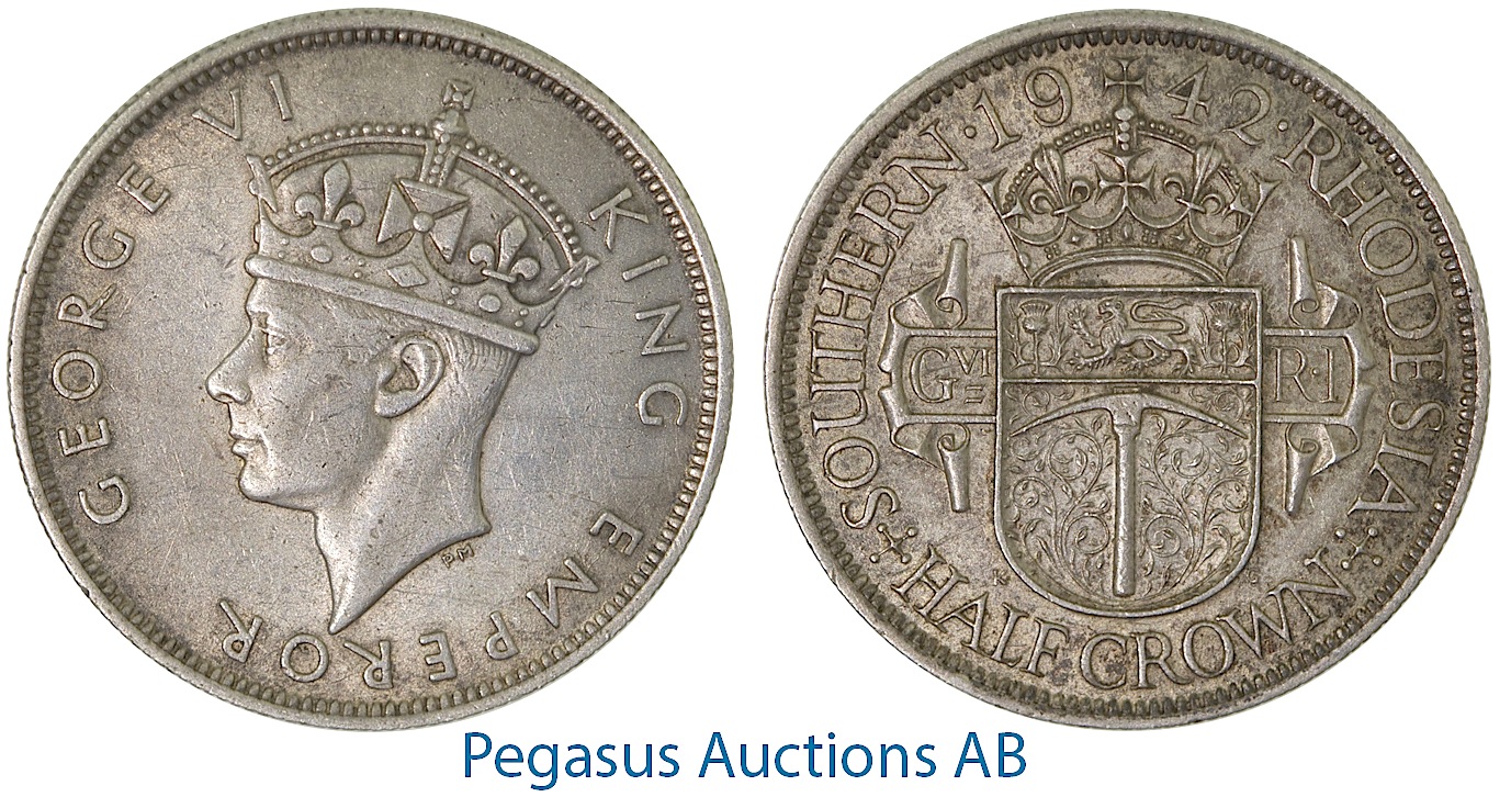 A55, Southern Rhodesia (Zimbabwe) George VI, Half Crown 1942, Very Nice!