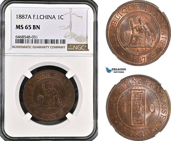 A6/110, French Indo-China, 1 Centime 1887 A, Paris Mint, KM# 7, NGC MS65BN