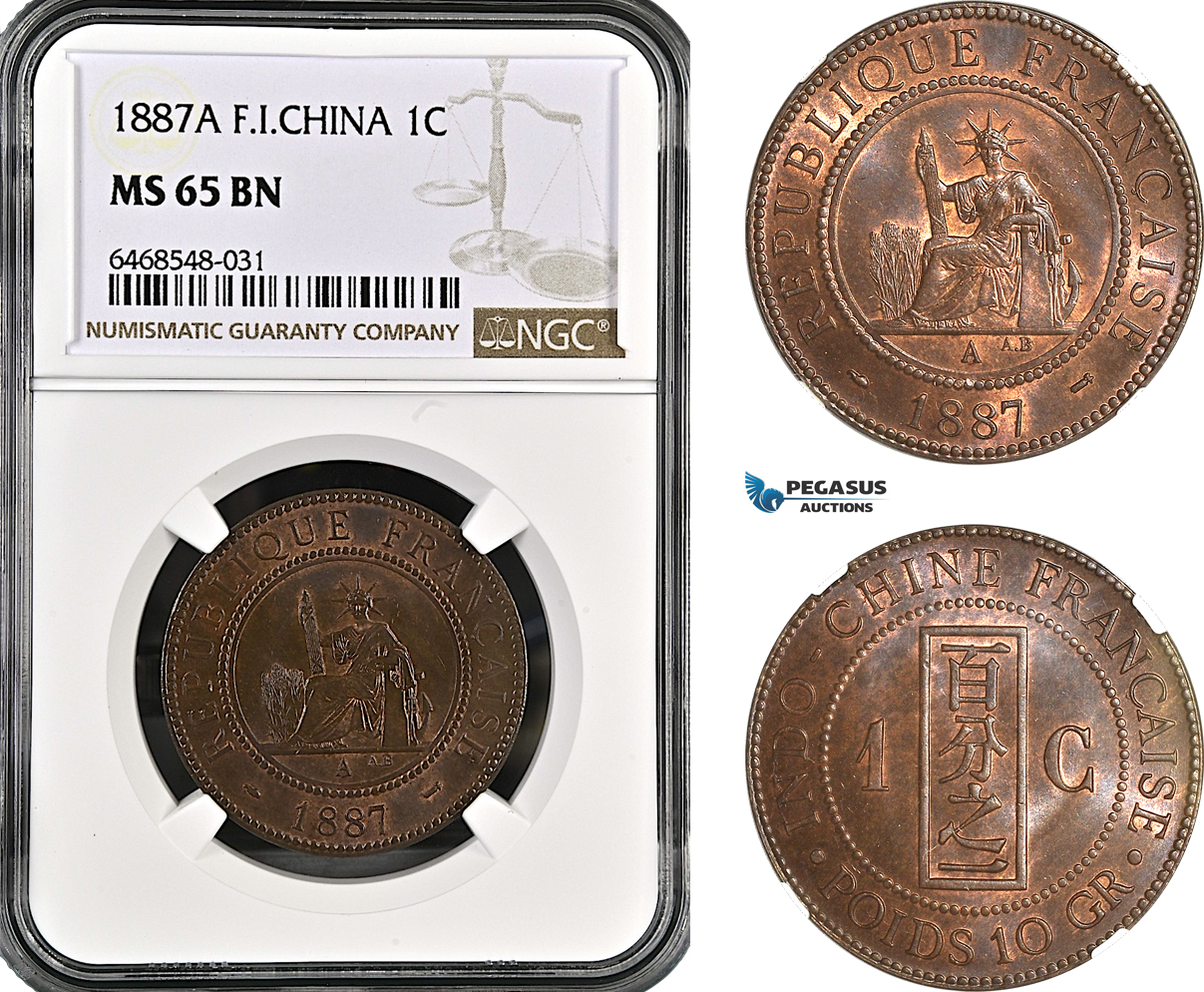 A6/110, French Indo-China, 1 Centime 1887 A, Paris Mint, KM# 7, NGC MS65BN