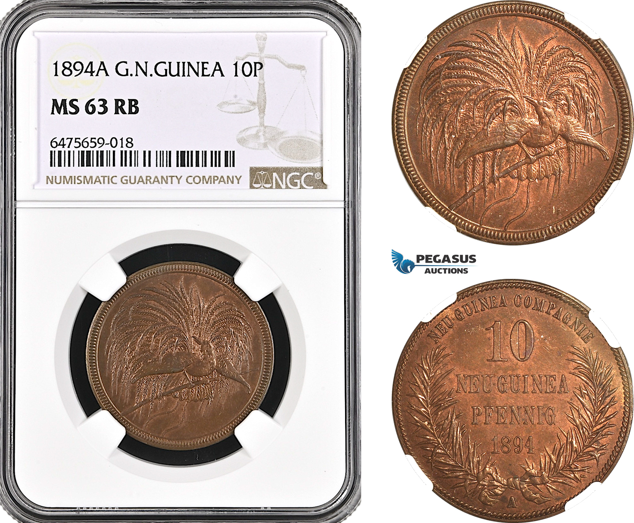 A6/119, German New Guinea, 10 Pfennig 1894 A, Berlin Mint, KM# 3, NGC MS63RB