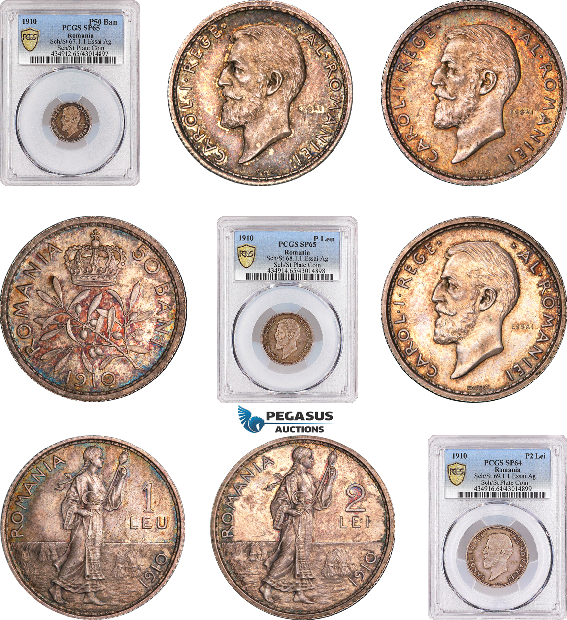 A6/221, Romania, Carol I, Pattern ESSAI Set 50 Bani, 1 Leu & 2 Lei 1910, Brussel Mint, Silver, Reeded edge, coin rotation on all, Schäffer/Stambuliu 67-1.1, 68-1.1, 69-1.1, Fantastic multicolour toning on all! PCGS SP64-65, Top Pop! Very Rare