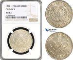 A6/94, Finland, 500 Markkaa 1951 H, Helsinki Mint, Silver, Olympics, KM# 35, NGC MS62