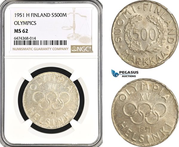 A6/94, Finland, 500 Markkaa 1951 H, Helsinki Mint, Silver, Olympics, KM# 35, NGC MS62