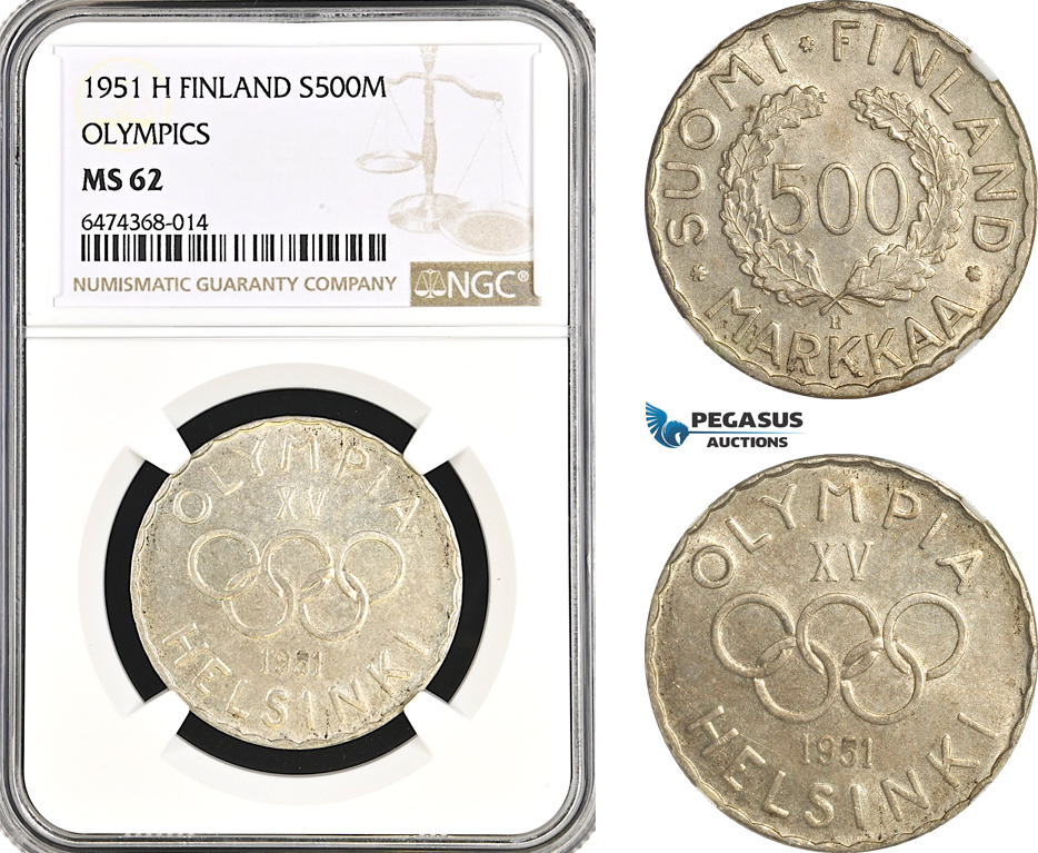 A6/94, Finland, 500 Markkaa 1951 H, Helsinki Mint, Silver, Olympics, KM# 35, NGC MS62