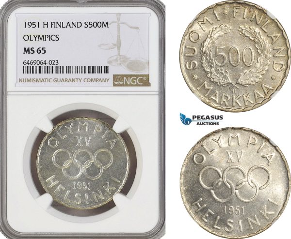 A6/95-R, Finland, 500 Markkaa 1951 H, Helsinki Mint, Silver, Olympics, KM# 35, NGC MS65