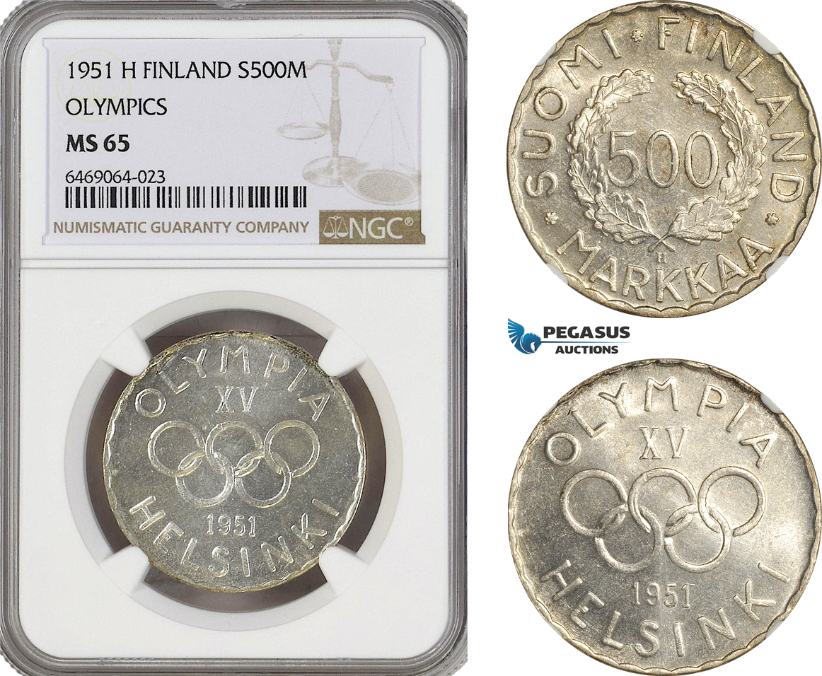 A6/95-R, Finland, 500 Markkaa 1951 H, Helsinki Mint, Silver, Olympics, KM# 35, NGC MS65