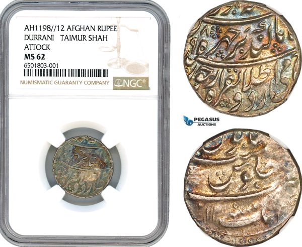 A7/13, Afghanistan, Durrani Shahs, Timur Shah, Afghan Rupee AH1198/12, Dar al-Aman Multan Mint, Silver, KM# 653, Rainbow toning, NGC MS62, Top Pop! Single finest graded!