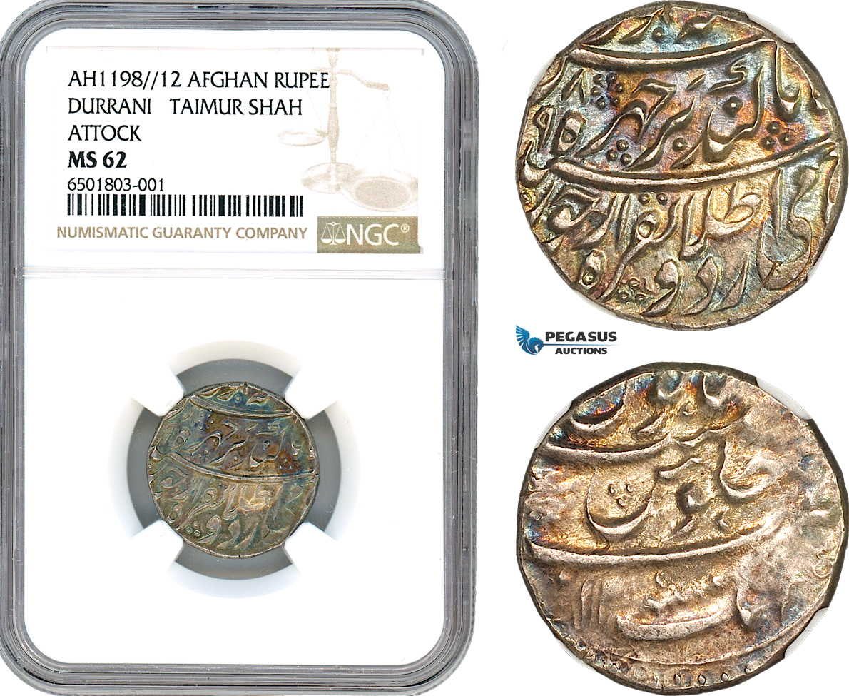 A7/13, Afghanistan, Durrani Shahs, Timur Shah, Afghan Rupee AH1198/12, Dar al-Aman Multan Mint, Silver, KM# 653, Rainbow toning, NGC MS62, Top Pop! Single finest graded!