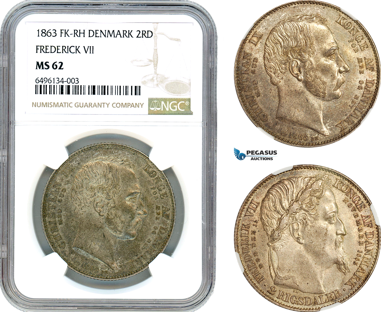 A7/167, Denmark, Christian IX, 2 Rigsdaler 1863 FK/RH, Copenhagen Mint, Silver, KM# 770, Death of Frederik VII and the accession of Christian IX, Old cabinet toning, NGC MS62