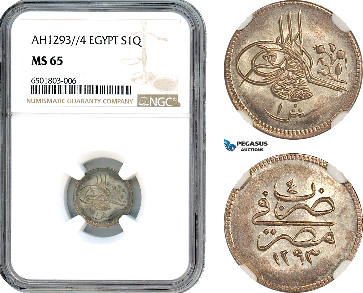 A7/170, Egypt (Ottoman Empire) Abdul Hamid II, 1 Qirsh AH1293//4, Misr Mint, Silver, KM# 277, Light toning with full Mint luster, NGC MS65