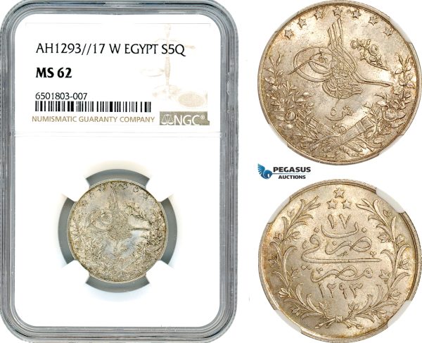 A7/171, Egypt (Ottoman Empire) Abdul Hamid II, 5 Qirsh AH1293//17 W, Misr Mint, Silver, KM# 296, Light toning with full Mint luster, NGC MS62