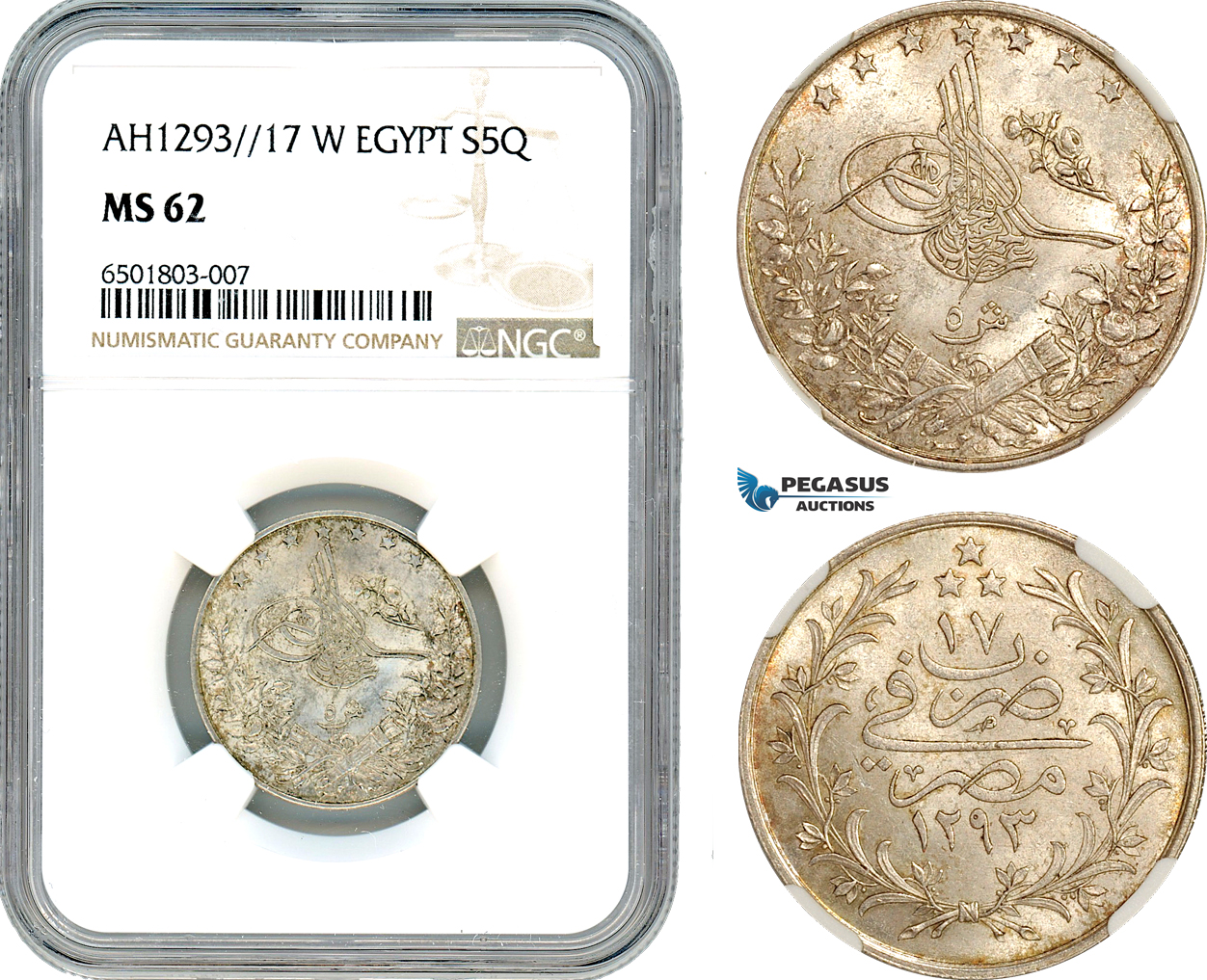 A7/171, Egypt (Ottoman Empire) Abdul Hamid II, 5 Qirsh AH1293//17 W, Misr Mint, Silver, KM# 296, Light toning with full Mint luster, NGC MS62