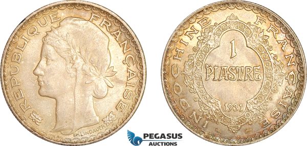 A7/225, French Indo-China, 1 Piastre 1931, Paris Mint, Silver, KM# 19, Amber toning! EF-UNC