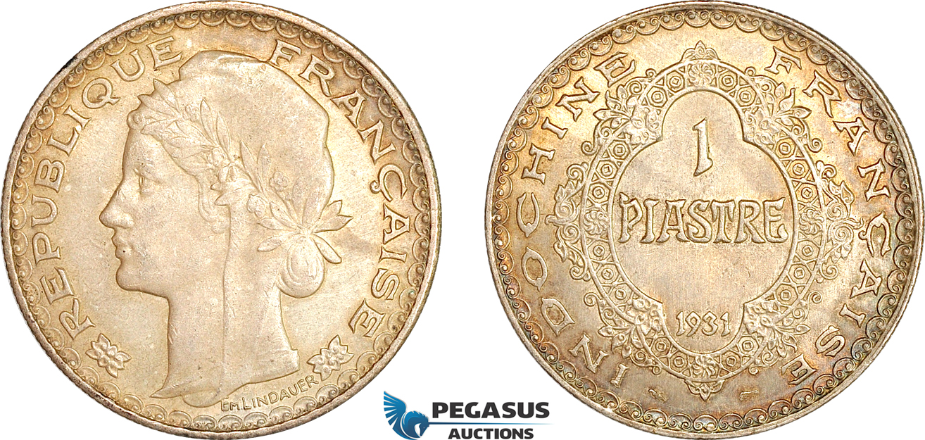 A7/225, French Indo-China, 1 Piastre 1931, Paris Mint, Silver, KM# 19, Amber toning! EF-UNC