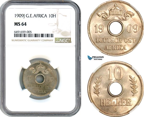 A7/273, German East Africa (DOA) Wilhelm II, 10 Heller 1909 J, Hamburg Mint, J. 719, NGC MS64