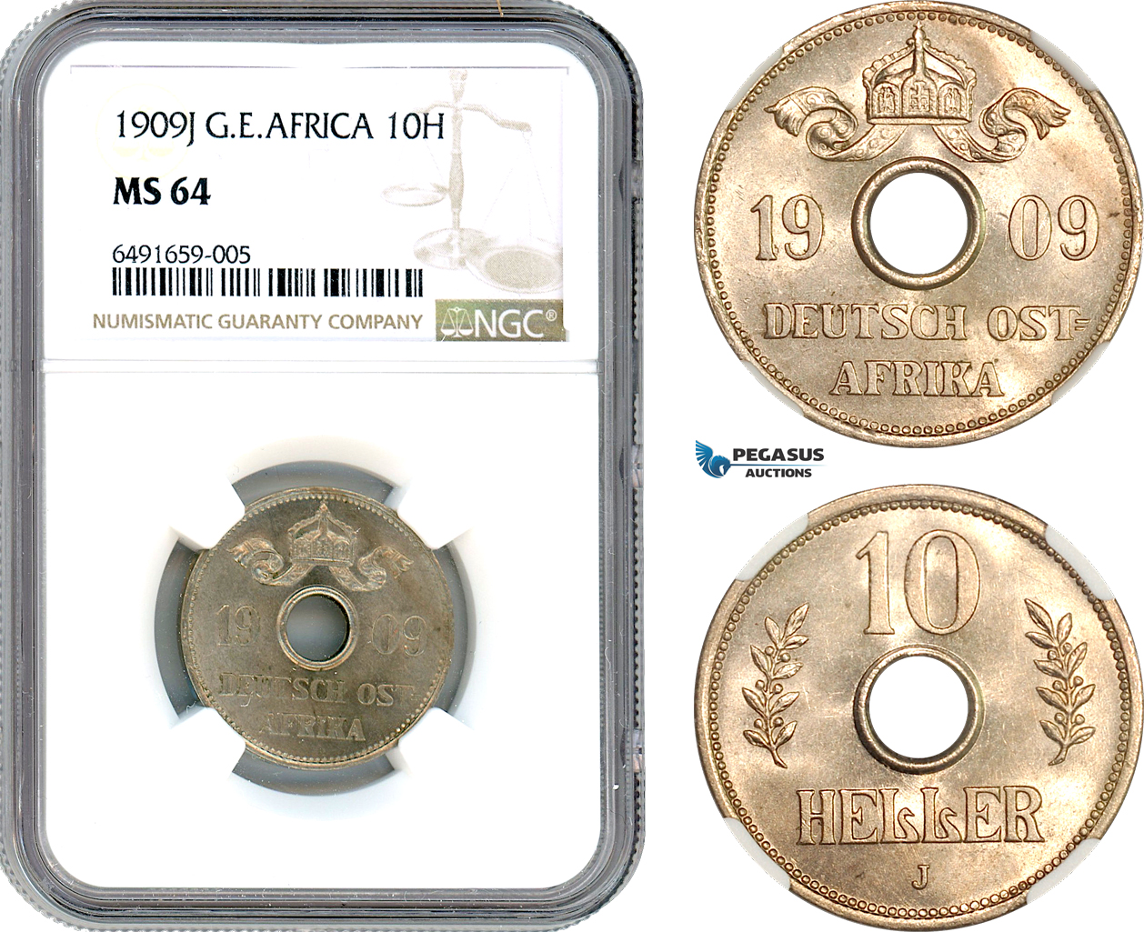 A7/273, German East Africa (DOA) Wilhelm II, 10 Heller 1909 J, Hamburg Mint, J. 719, NGC MS64