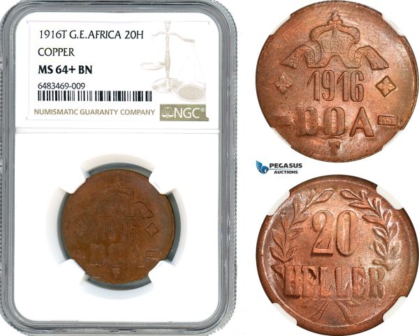 A7/274, German East Africa (DOA) Wilhelm II, 20 Heller 1916 T, Tabora Mint, Copper, J. 724c, NGC MS64+ BN