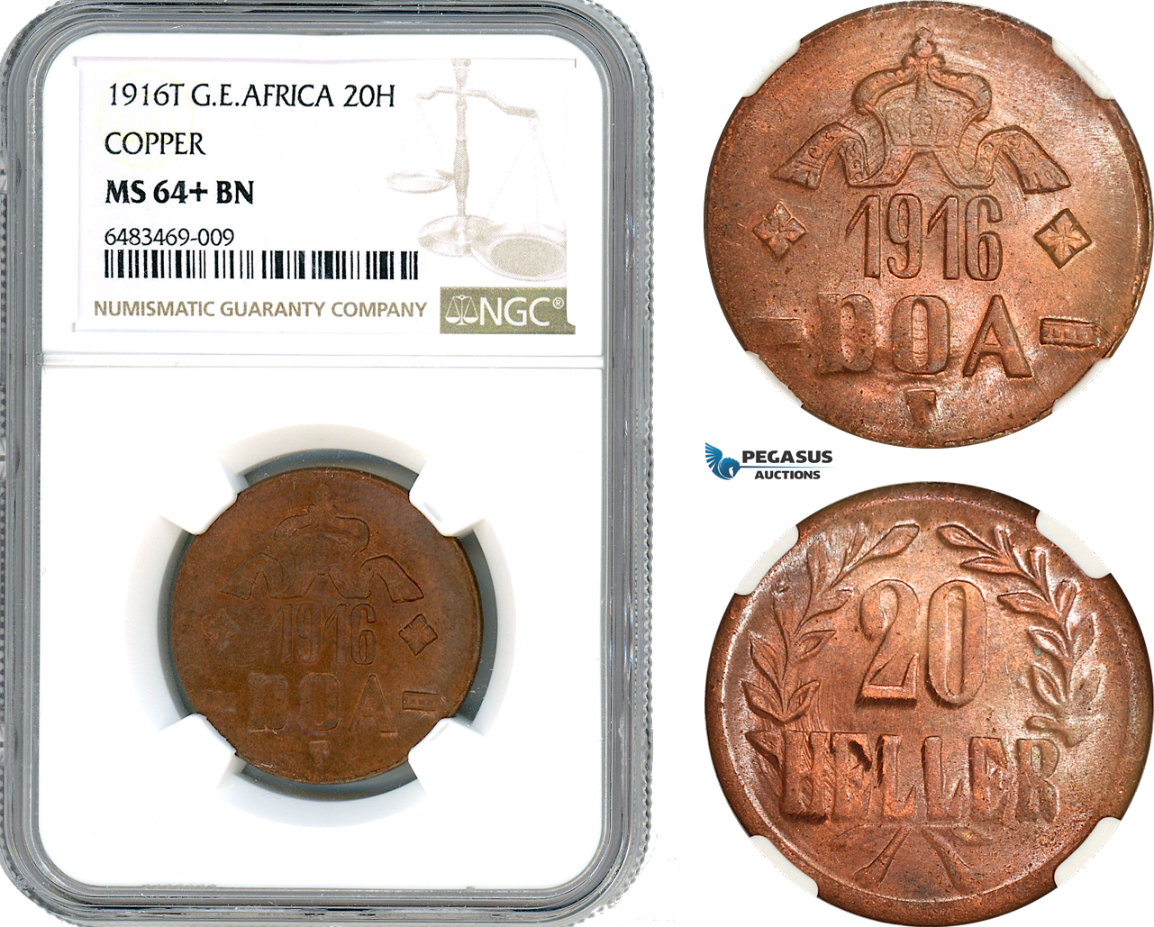 A7/274, German East Africa (DOA) Wilhelm II, 20 Heller 1916 T, Tabora Mint, Copper, J. 724c, NGC MS64+ BN