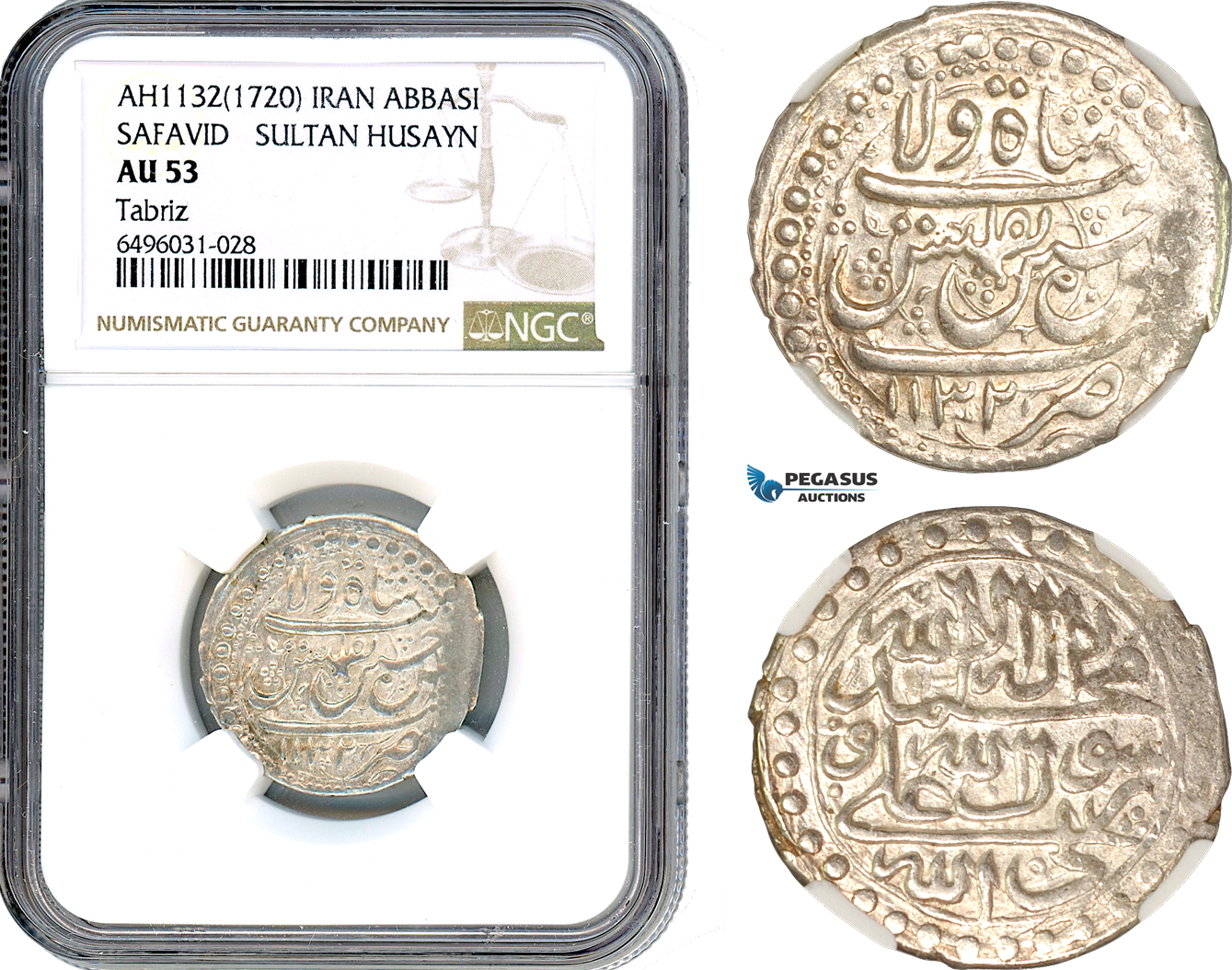 A7/331, Iran, Sultan Husayn, Safavid Abbasi AH1132 (1720) Tabriz Mint, Silver, KM# 282, Much remaining lustre, NGC AU53, Top Pop! Single finest graded!