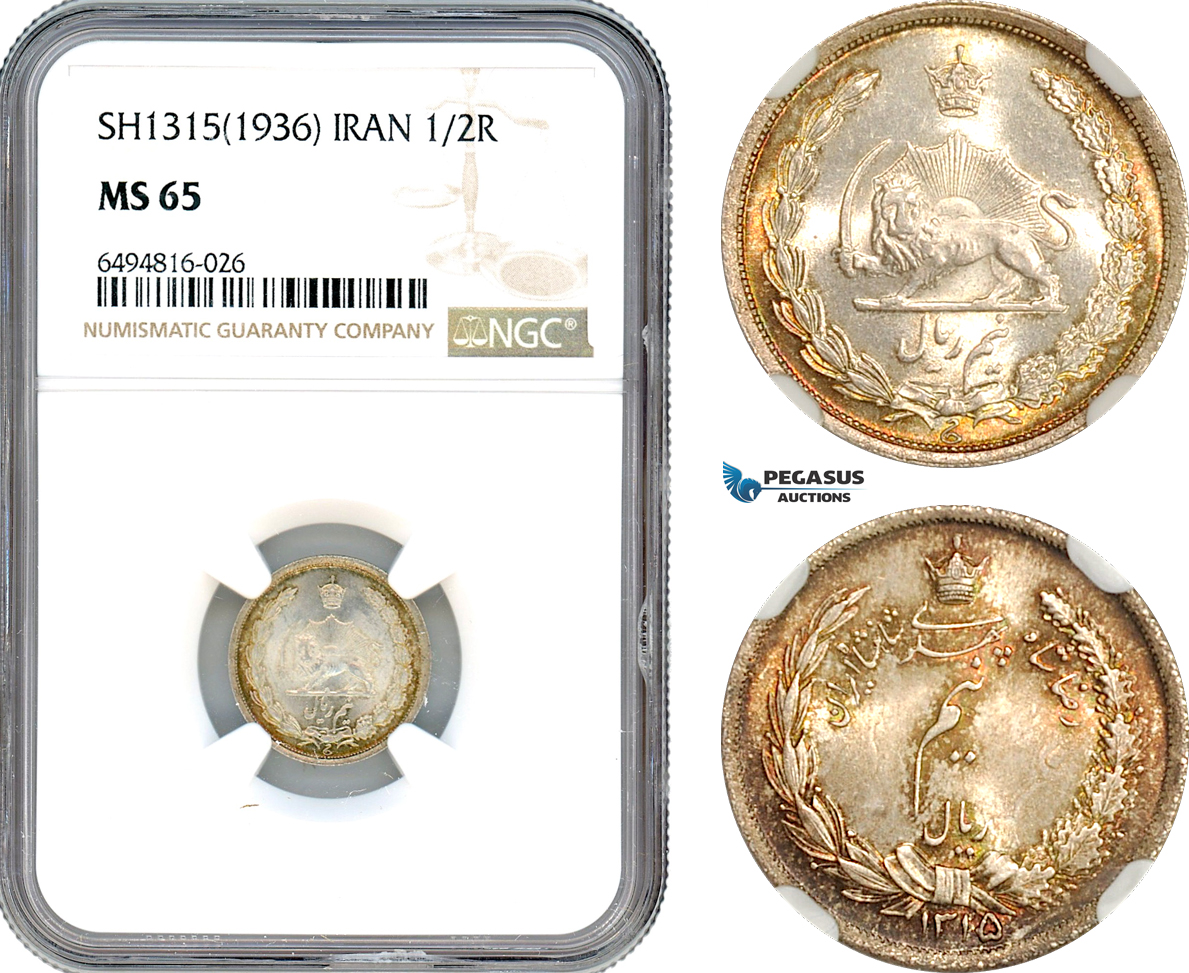 A7/335, Iran, Reza Shah, 1/2 Rial SH1315 (1936) Silver, KM# 1128, Amber toning! NGC MS65, Top Pop!