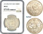 A7/336, Iran, Reza Shah, 5000 Dinar AH1306 (1927) L, Leningrad Mint, Silver, KM# 1106, A flashy coin with light toning! NGC MS62