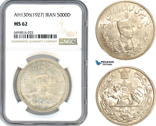A7/336, Iran, Reza Shah, 5000 Dinar AH1306 (1927) L, Leningrad Mint, Silver, KM# 1106, A flashy coin with light toning! NGC MS62