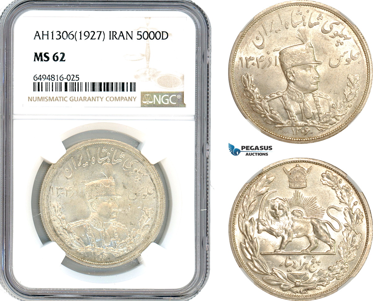 A7/336, Iran, Reza Shah, 5000 Dinar AH1306 (1927) L, Leningrad Mint, Silver, KM# 1106, A flashy coin with light toning! NGC MS62