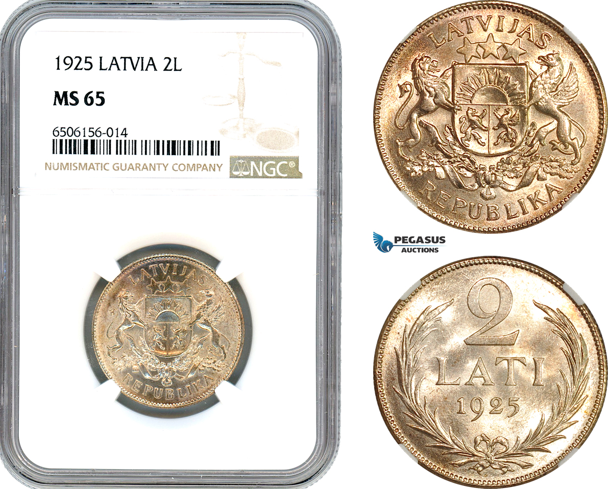 A7/365, Latvia, 2 Lati 1925, London Mint, Silver, KM# 8, Champagne toning with full Mint lustre, NGC MS65