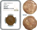 A7/391, Monaco, Honore V, 5 Centimes 1837 M, Monaco Mint, Small Head Variant, Copper, KM# 95.2, NGC MS62BN, Pop 2/2