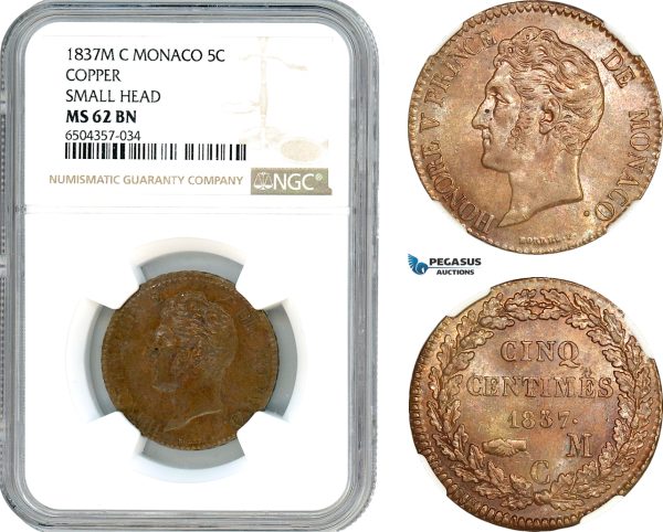 A7/391, Monaco, Honore V, 5 Centimes 1837 M, Monaco Mint, Small Head Variant, Copper, KM# 95.2, NGC MS62BN, Pop 2/2
