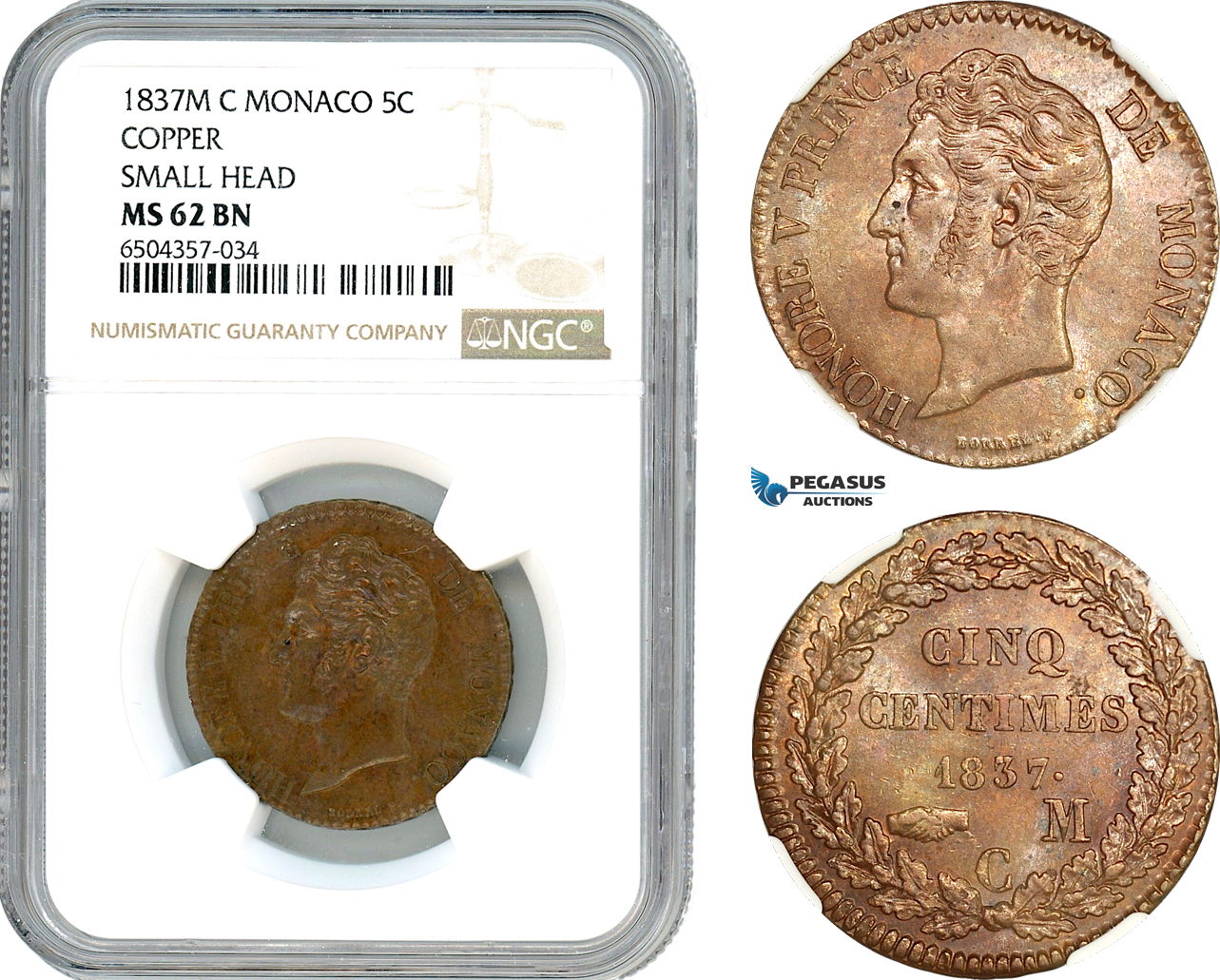 A7/391, Monaco, Honore V, 5 Centimes 1837 M, Monaco Mint, Small Head Variant, Copper, KM# 95.2, NGC MS62BN, Pop 2/2
