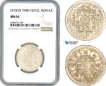 A7/399, Nepal, Prithvi Bir Bikram, 1 Mohar SE1830 (1908) Silver, KM# 651, NGC MS65, Top Pop!
