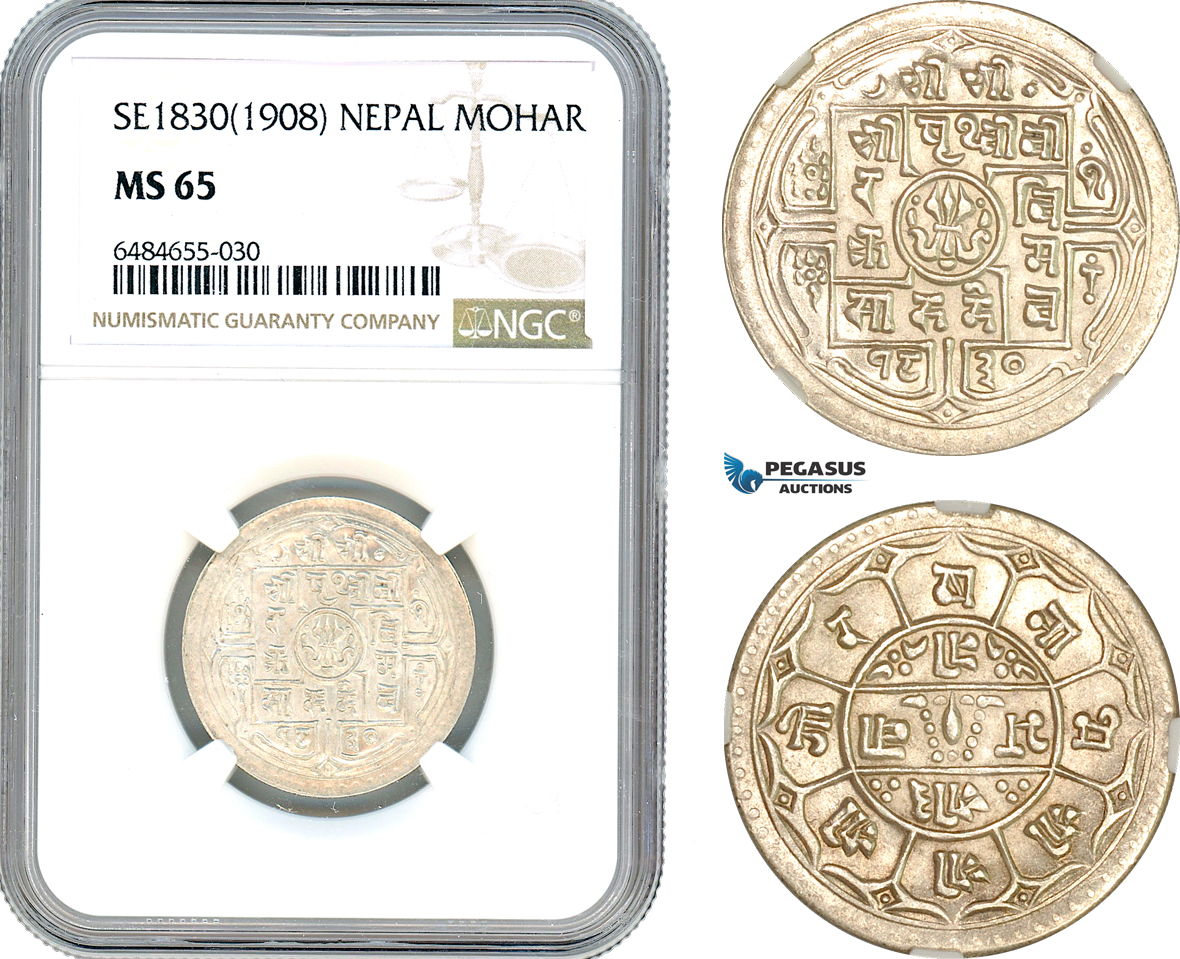 A7/399, Nepal, Prithvi Bir Bikram, 1 Mohar SE1830 (1908) Silver, KM# 651, NGC MS65, Top Pop!