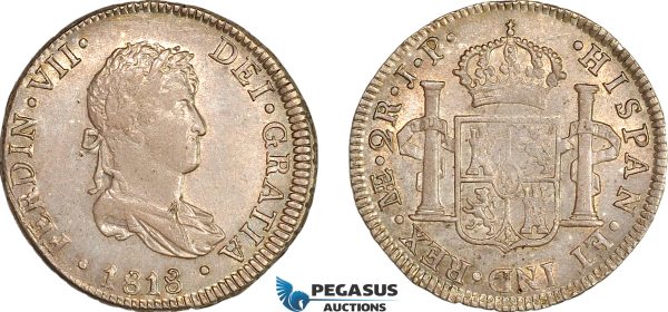 A7/438, Peru, Ferdinand VII. of Spain, 2 Reales 1818 LIMA JP, Lima Mint, Silver, KM# 115.1, Green/grey toning! EF