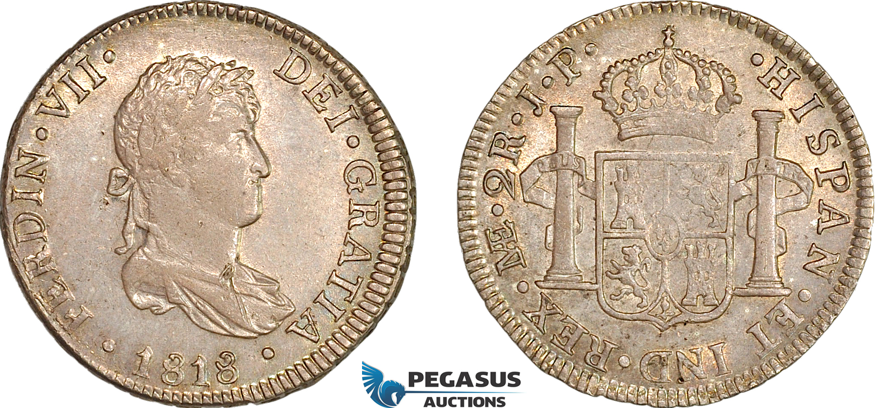 A7/438, Peru, Ferdinand VII. of Spain, 2 Reales 1818 LIMA JP, Lima Mint, Silver, KM# 115.1, Green/grey toning! EF