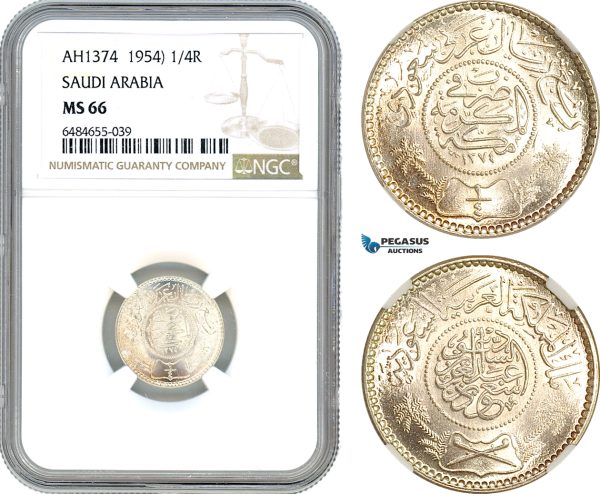 A7/650, Saudi Arabia, Abd al-Azīz, 1/4 Riyal AH1374 (1954), Silver, KM# 16, NGC MS66