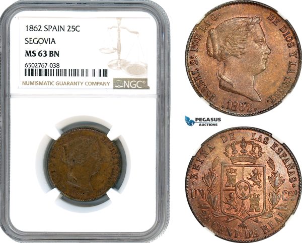 A7/657, Spain, Isabella II, 25 Centimos 1862, Segovia Mint, KM# 615, NGC MS63BN