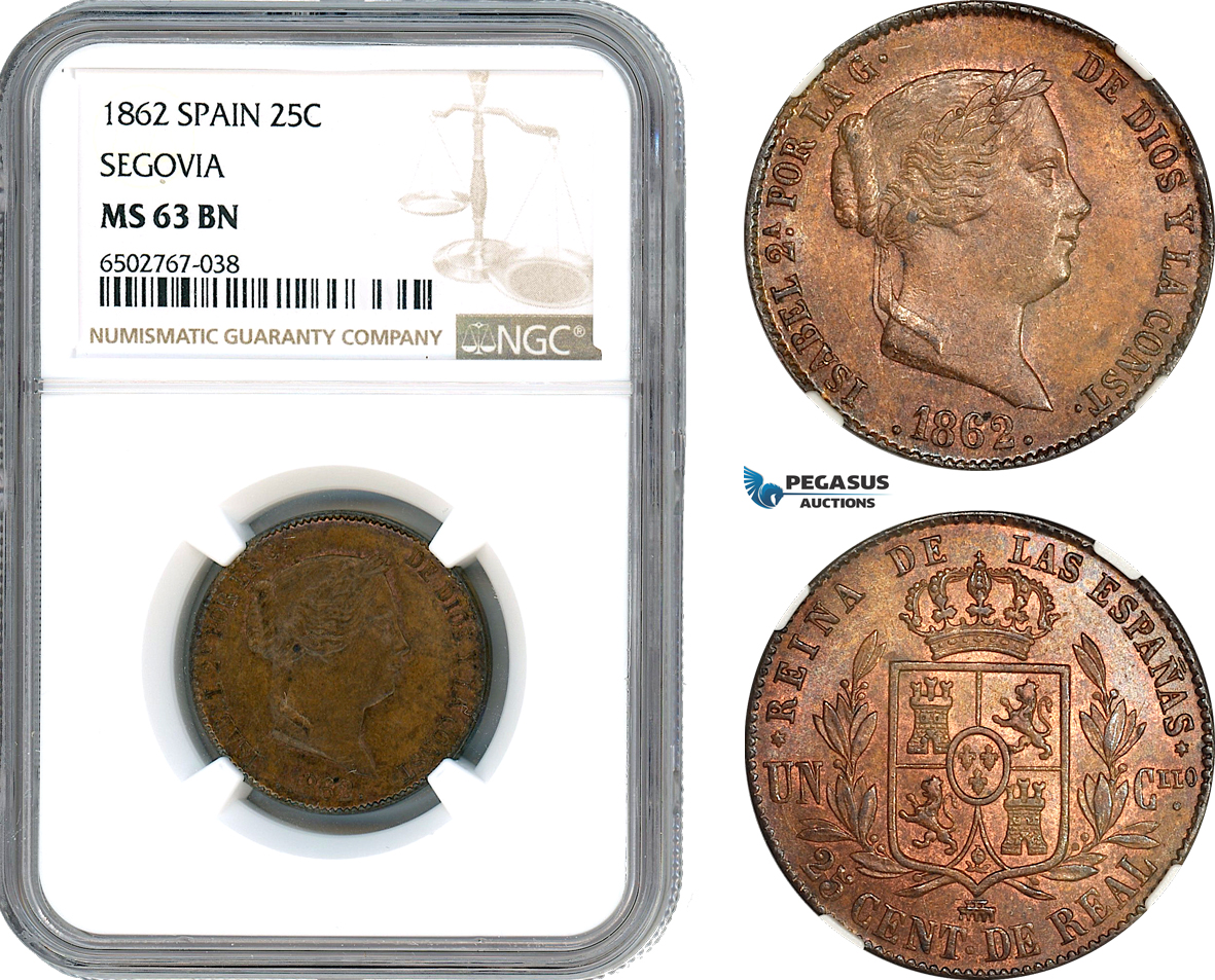 A7/657, Spain, Isabella II, 25 Centimos 1862, Segovia Mint, KM# 615, NGC MS63BN