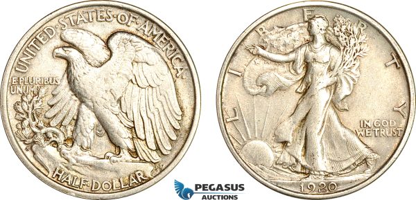 A7/743, United States, Walking Liberty Half Dollar (50C) 1920 S, San Francisco Mint, Silver, KM# 142, Hints of toning! VF-EF