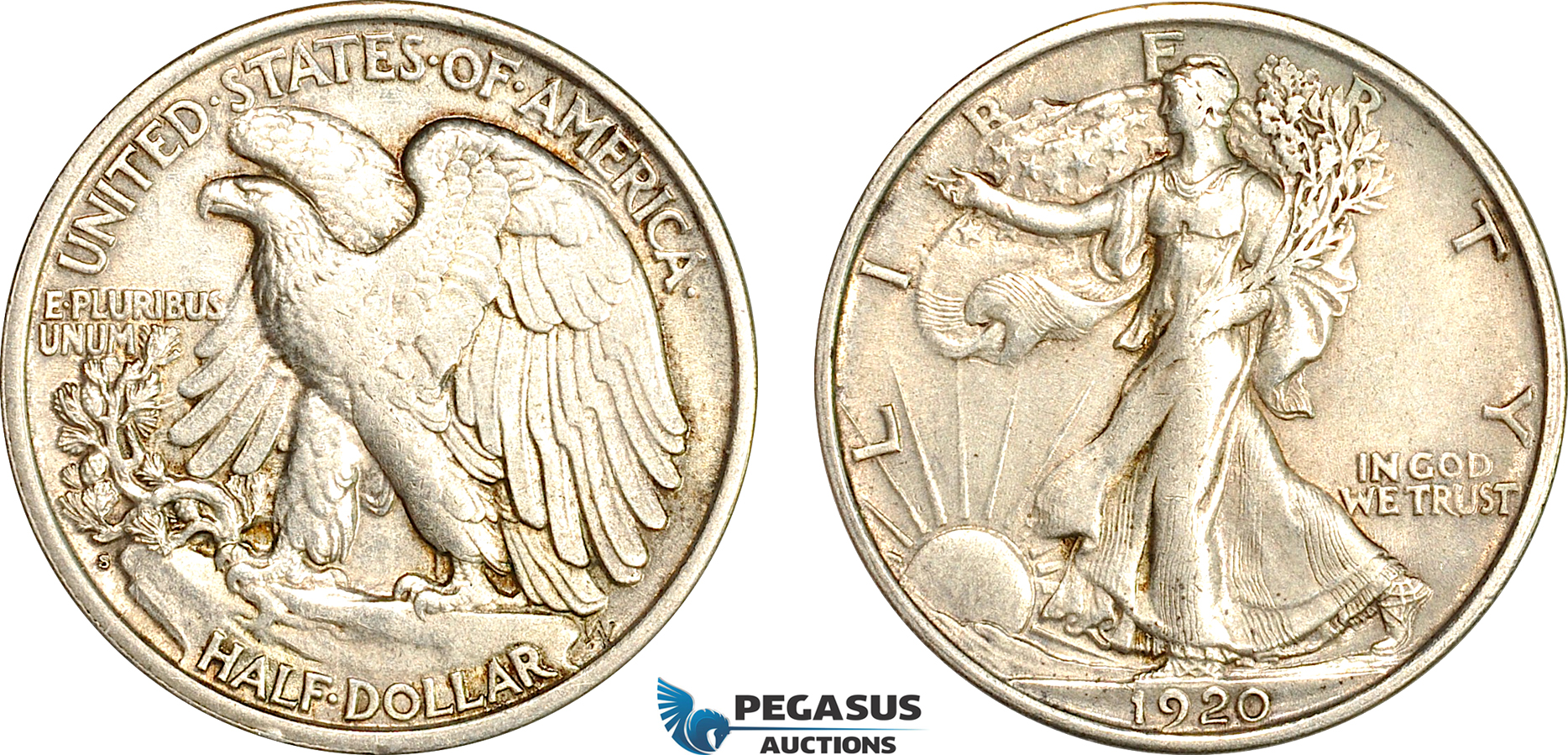 A7/743, United States, Walking Liberty Half Dollar (50C) 1920 S, San Francisco Mint, Silver, KM# 142, Hints of toning! VF-EF