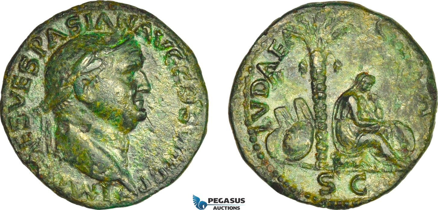 A7/8, Roman Empire, Vespasian (AD 69-79) Æ As (9.69g) Rome Mint, AD 77-78, JUDAEA CAPTA (The motif is a tribute to his son Titus and his successful suppression of the Jewish revolt) RIC 1233(595), Olive green patina, VF-EF, Rare!