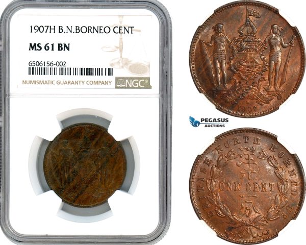 A7/89, British North Borneo, 1 Cent 1907 H, Heaton, Birmingham Mint, KM# 2, Key date! NGC MS61BN