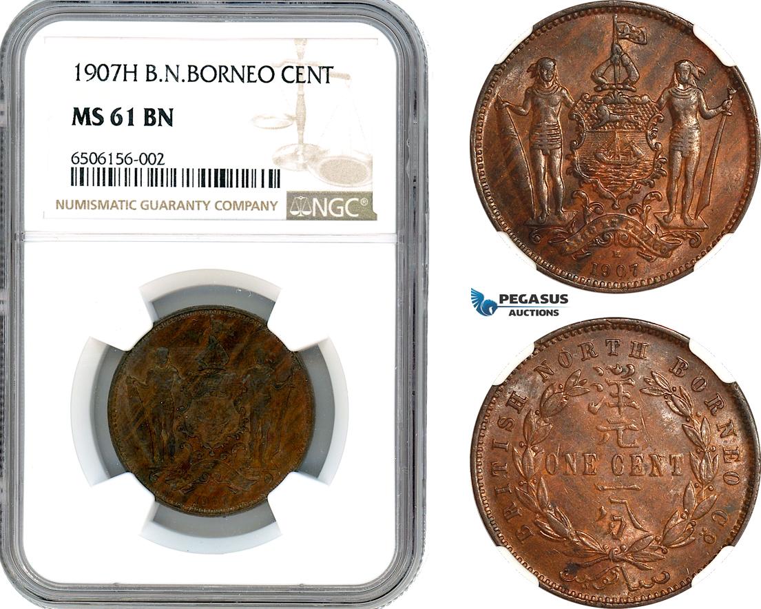 A7/89, British North Borneo, 1 Cent 1907 H, Heaton, Birmingham Mint, KM# 2, Key date! NGC MS61BN