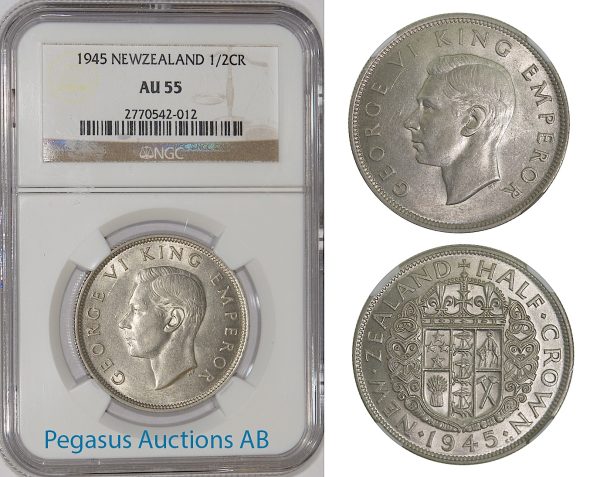 A72, New Zealand, George VI, Half Crown 1945, Silver, NGC AU55