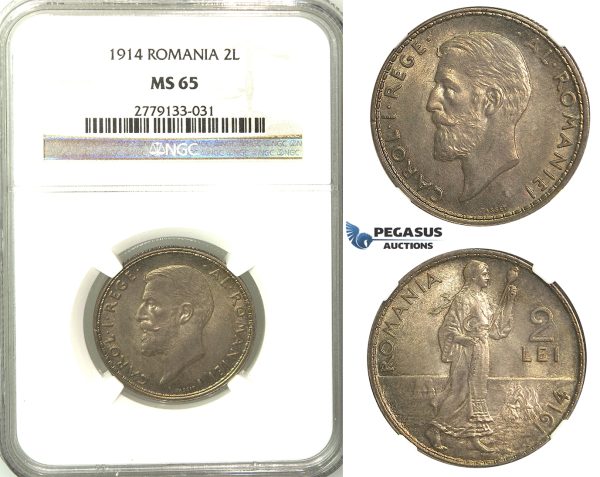 A75, Romania, Carol I, 2 Lei 1914, Silver, NGC MS65