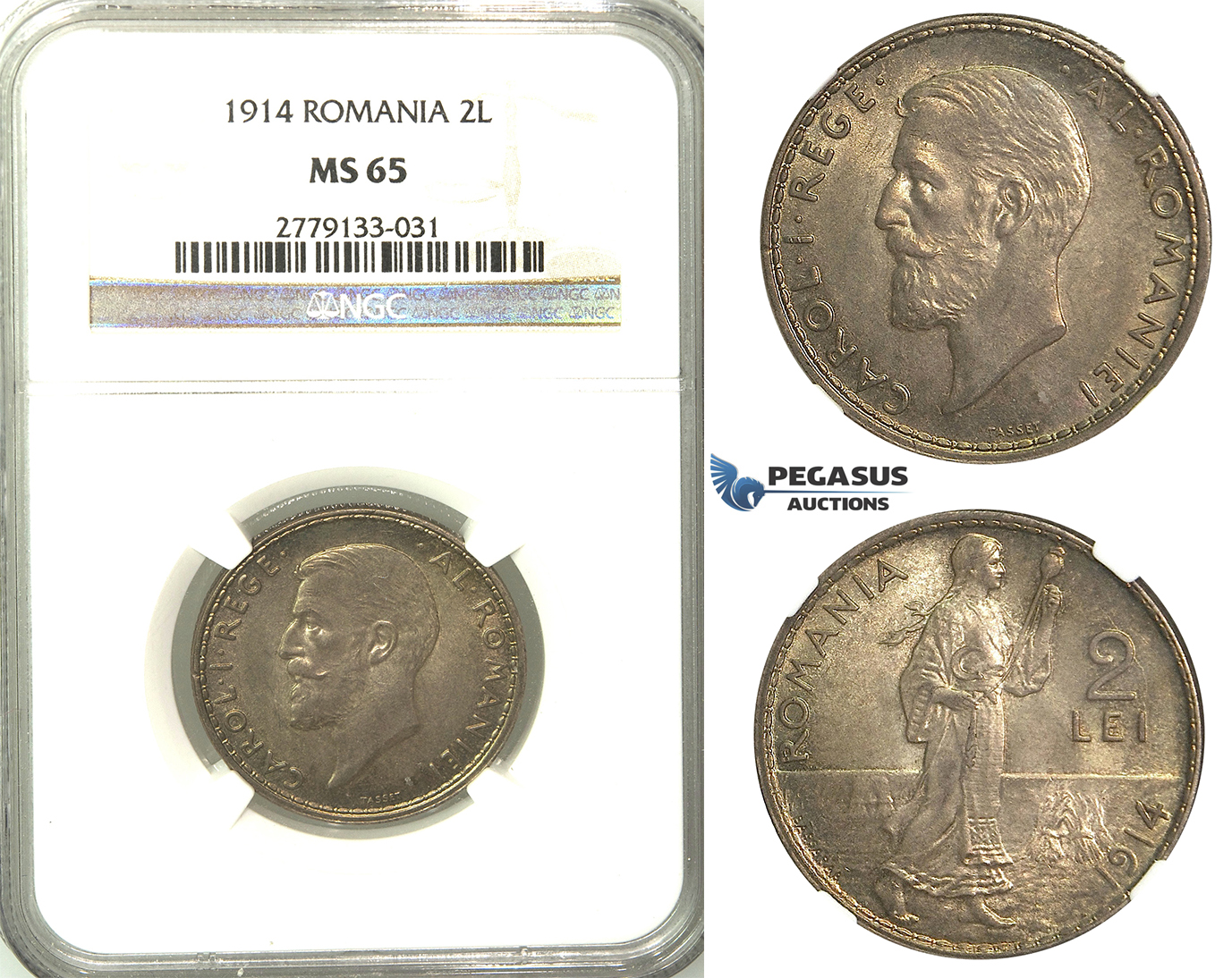 A75, Romania, Carol I, 2 Lei 1914, Silver, NGC MS65