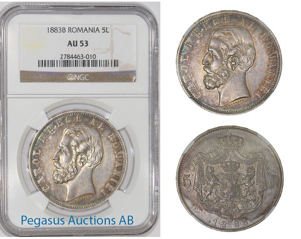 A76, Romania, Carol I, 5 Lei 1883 (Rare variety, Large Crown, Square) NGC AU53