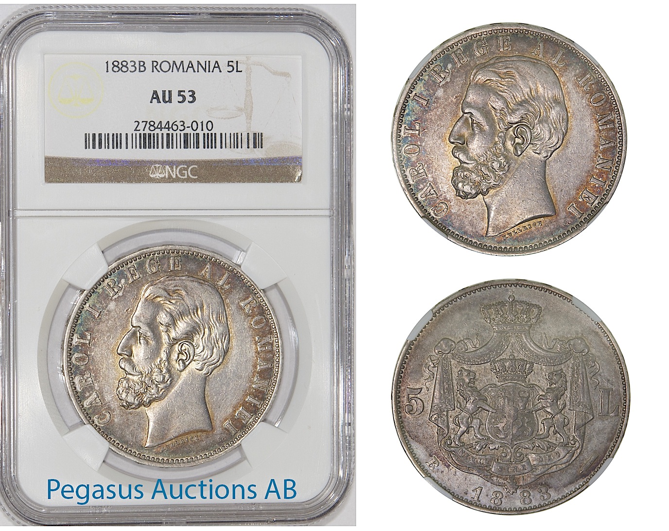 A76, Romania, Carol I, 5 Lei 1883 (Rare variety, Large Crown, Square) NGC AU53