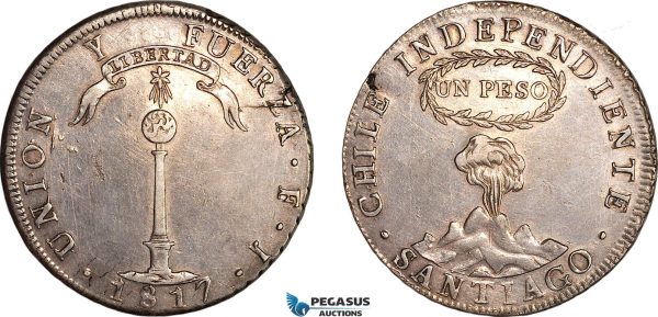 A8/092, Chile, "Volcano" Peso 1817 FJ, Santiago Mint, Silver, KM-82.2, Old cleaning and now retoned! EF-AU, Rare!